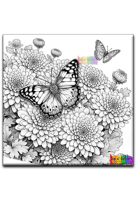 Butterflies and Dahlia Flowers uncolored - Dip n' Designs - Colored Pencil Wall Art