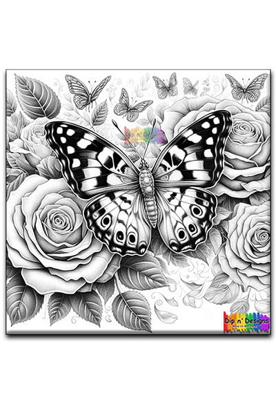 Butterflies and Roses 3 uncolored - Dip n' Designs - Colored Pencil Wall Art