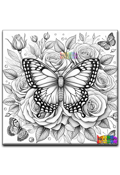 Butterflies and Roses uncolored - Dip n' Designs - Colored Pencil Wall Art