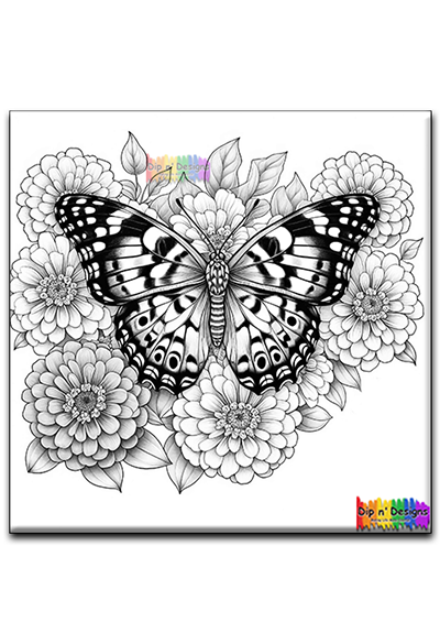 Butterfly and Flowers uncolored - Dip n' Designs - Colored Pencil Wall Art