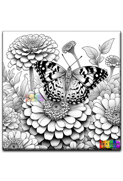 Butterfly and Flowers uncolored - Dip n' Designs - Colored Pencil Wall Art