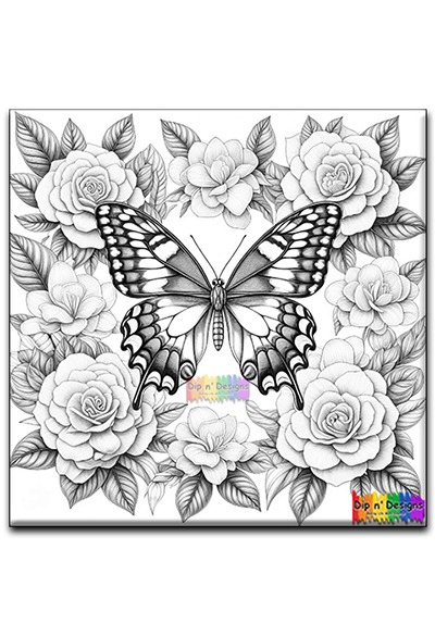 Butterfly and Roses uncolored - Dip n' Designs - Colored Pencil Wall Art