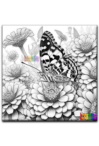 Butterfly and Zinnia Flowers uncolored - Dip n' Designs - Colored Pencil Wall Art