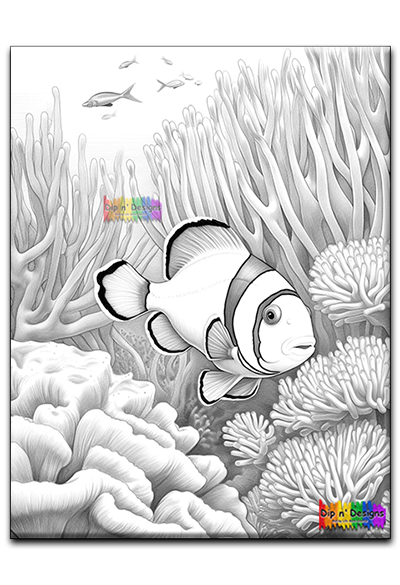 Clownfish swimming in coral reef uncolored - Dip n' Designs - Colored Pencil Wall Art