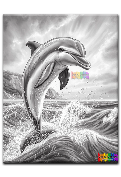 Dolphin Jumping in Rough Waters uncolored - Dip n' Designs - Colored Pencil Wall Art