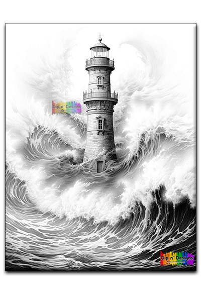 Lighthouse in Stormy Waters uncolored - Dip n' Designs - Colored Pencil Wall Art