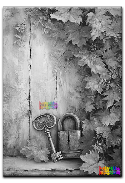 Vintage Ornate Key and Padlock Fall Foliage Painting uncolored - Dip n' Designs - Colored Pencil Wall Art