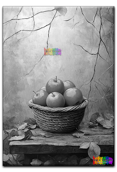Basket of Apples Fall Leaves uncolored - Dip n' Designs - Colored Pencil Wall Art