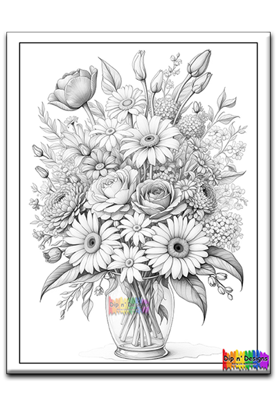 Beautiful Flower Bouquet uncolored - Dip n' Designs - Colored Pencil Wall Art