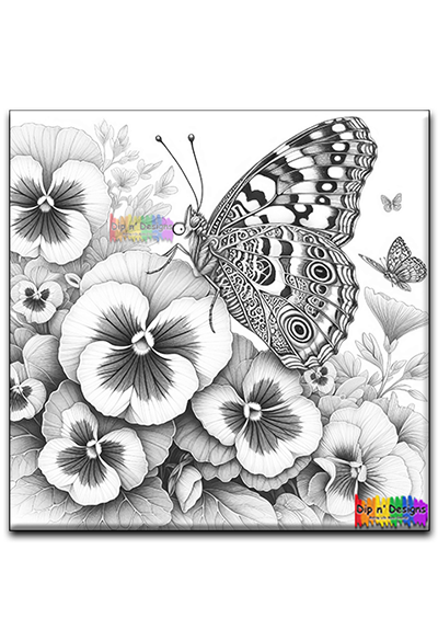 Butterflies and Pansies uncolored - Dip n' Designs - Colored Pencil Wall Art