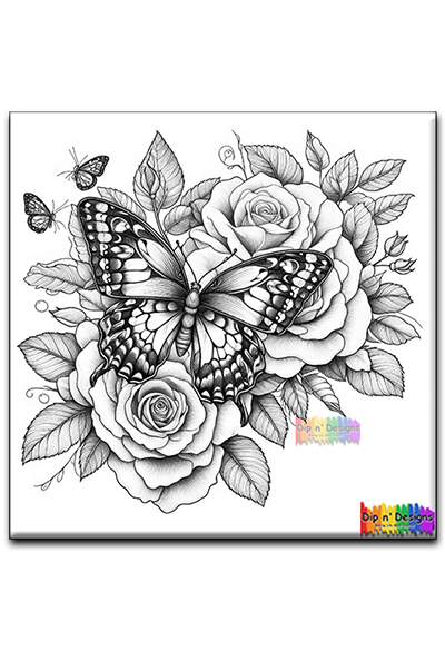 Butterflies and Roses 2 uncolored - Dip n' Designs - Colored Pencil Wall Art