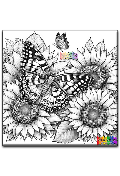 Butterflies and Sunflowers uncolored - Dip n' Designs - Colored Pencil Wall Art