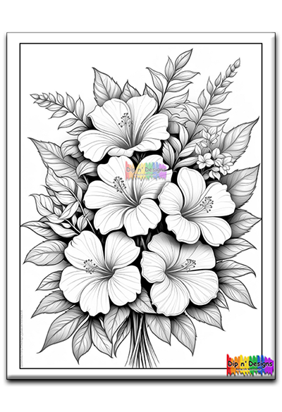Hibiscus Bouquet uncolored - Dip n' Designs - Colored Pencil Wall Art
