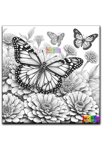 Monarch Butterflies and Zinnia Flowers - Uncolored 