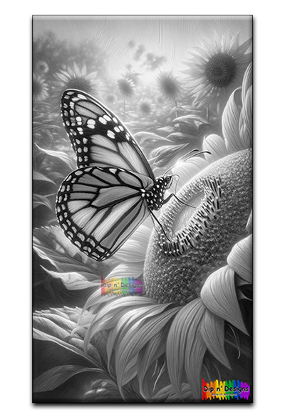 Monarch Butterfly and Sunflowers uncolored - Dip n' Designs - Colored Pencil Wall Art